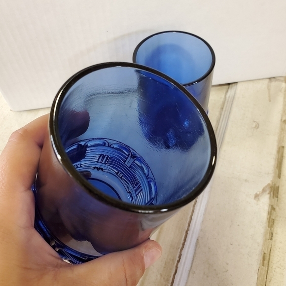 Vintage LE Smith basket weave pattern thick cobalt blue heavy glasses set of 2 - Picture 8 of 11